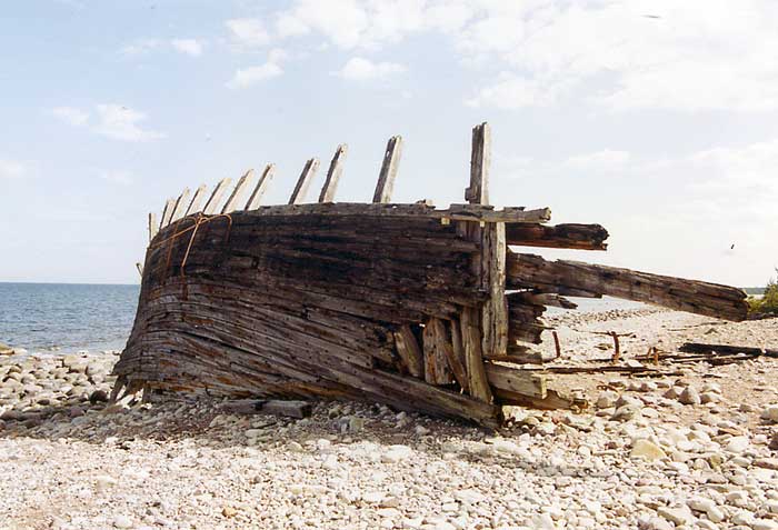 Une des nombreuses épaves de bateaux visibles le long de la côte des squelettes, dans le Parc National de la côte des squelettes (Skeleton Coast National Park), Namibie.